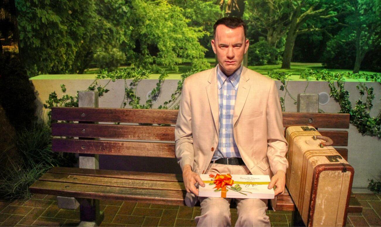 A wax statue of Tom Hanks' iconic scene in Forrest Gump